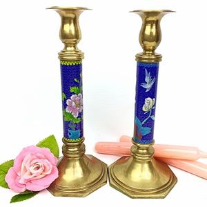 Vintage MCM Faux Cloisonné Enameled Birds & Flowers Brass Candleholders Set of 2